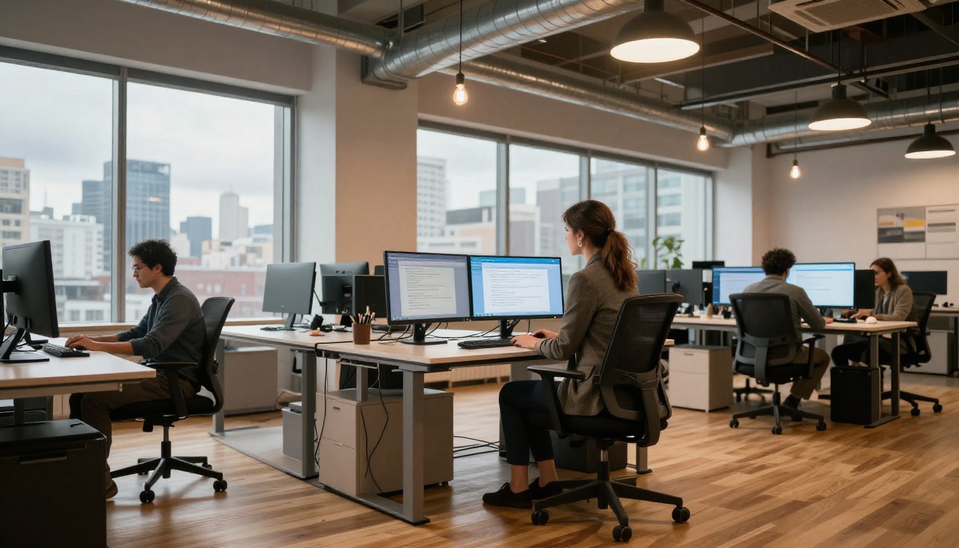 Woman at standing desk with two monitors showing AI interfaces