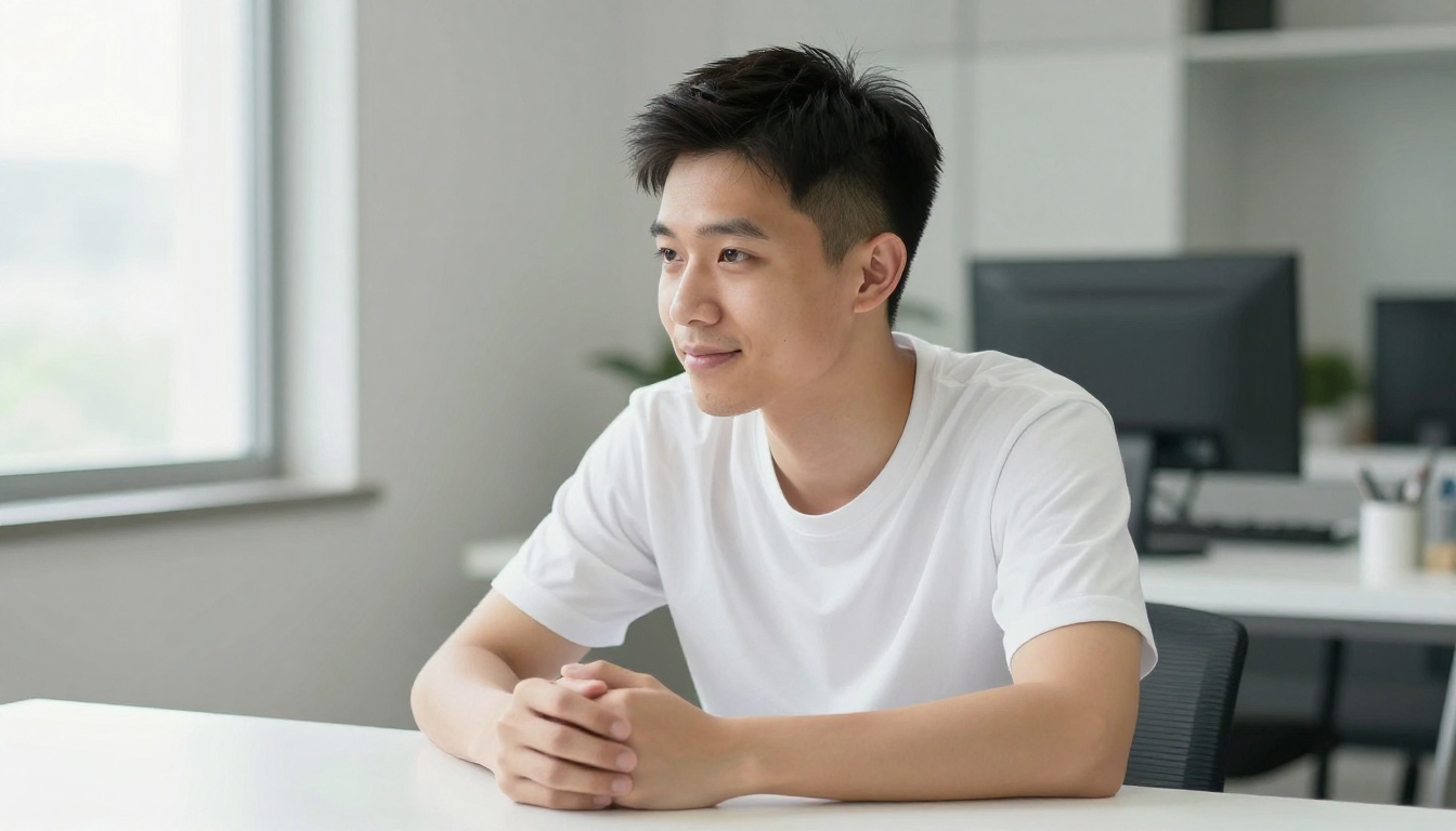 Young Asian man with stylish undercut hair sitting at a minimal white desk in a bright apartment, soft overcast window light from the left, natural relaxed expression Young Asian man with stylish undercut hair sitting at a minimal white desk in a bright apartment, soft overcast window light from the left, natural relaxed expression