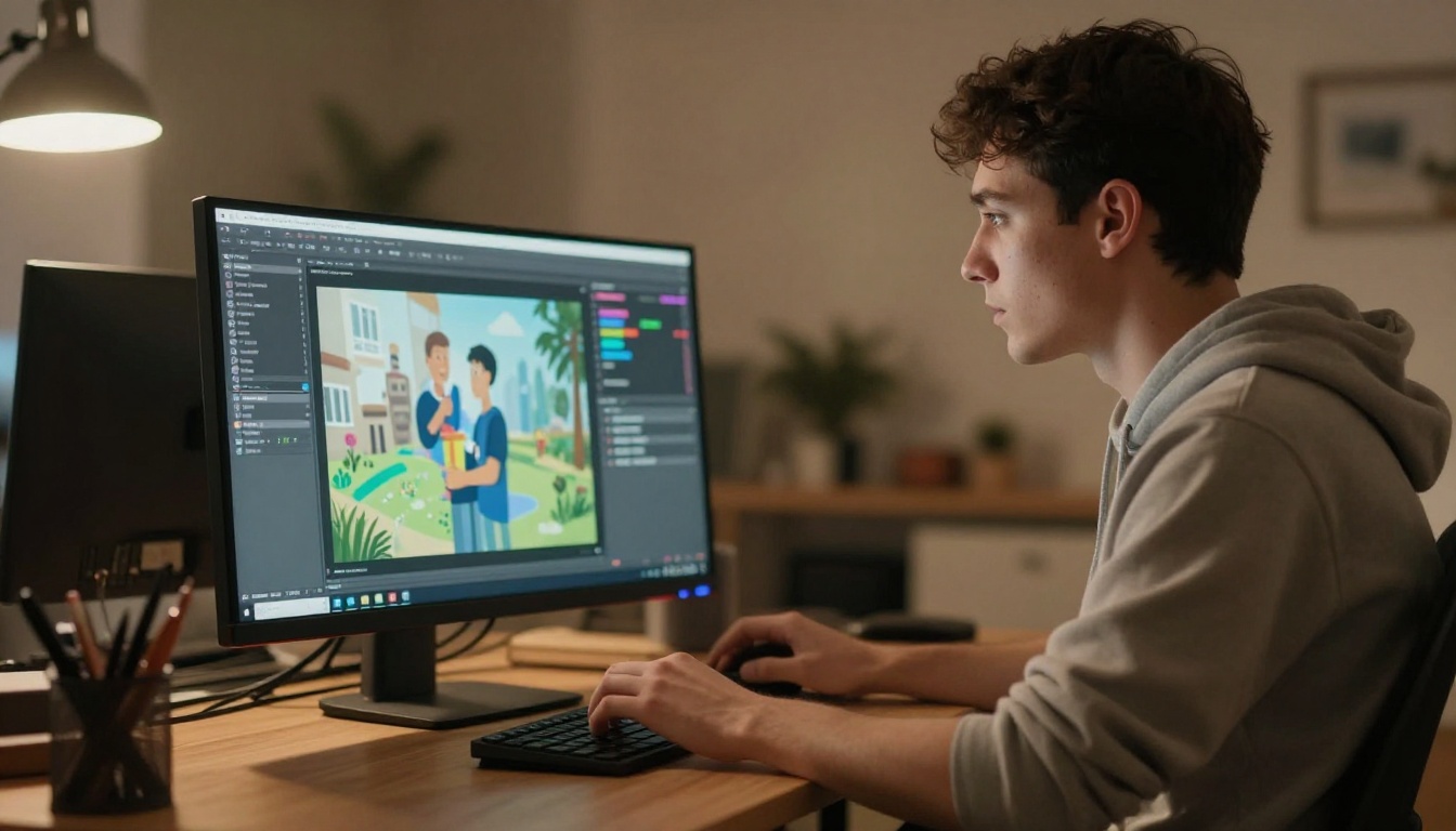Man editing photo animation project on dual monitors