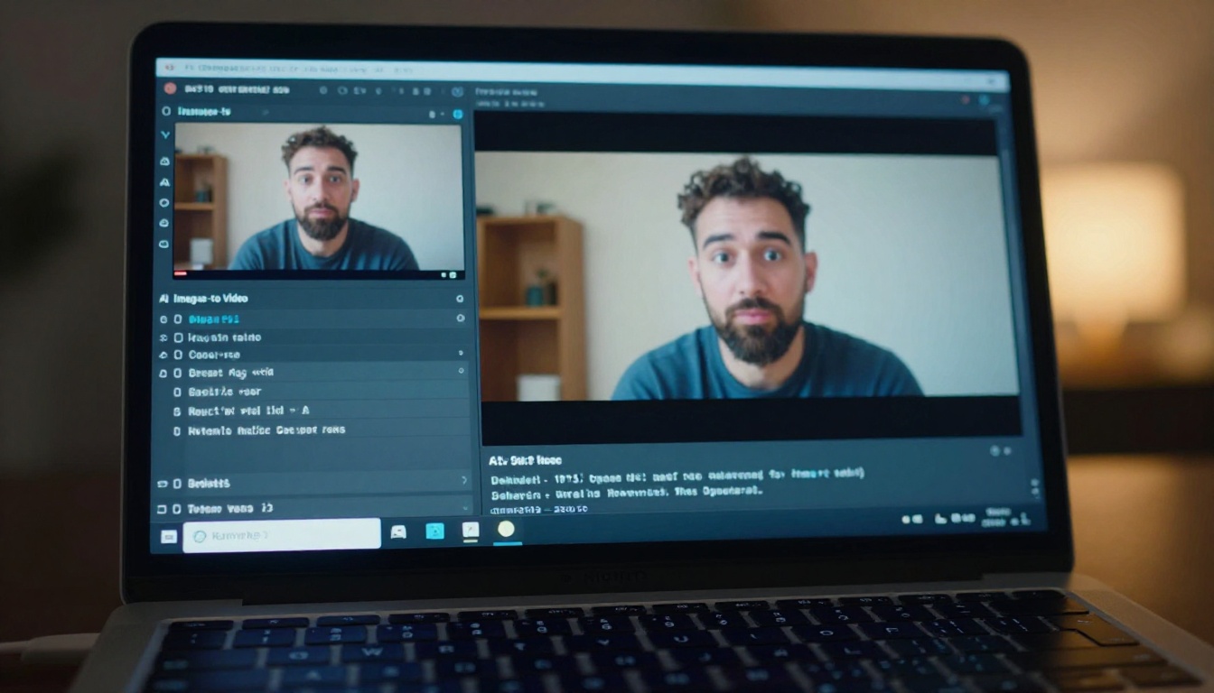 AI interface showing photo to video process on laptop screen