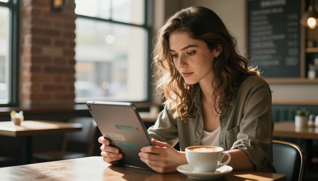 Woman at cafe holding tablet with AI conversation