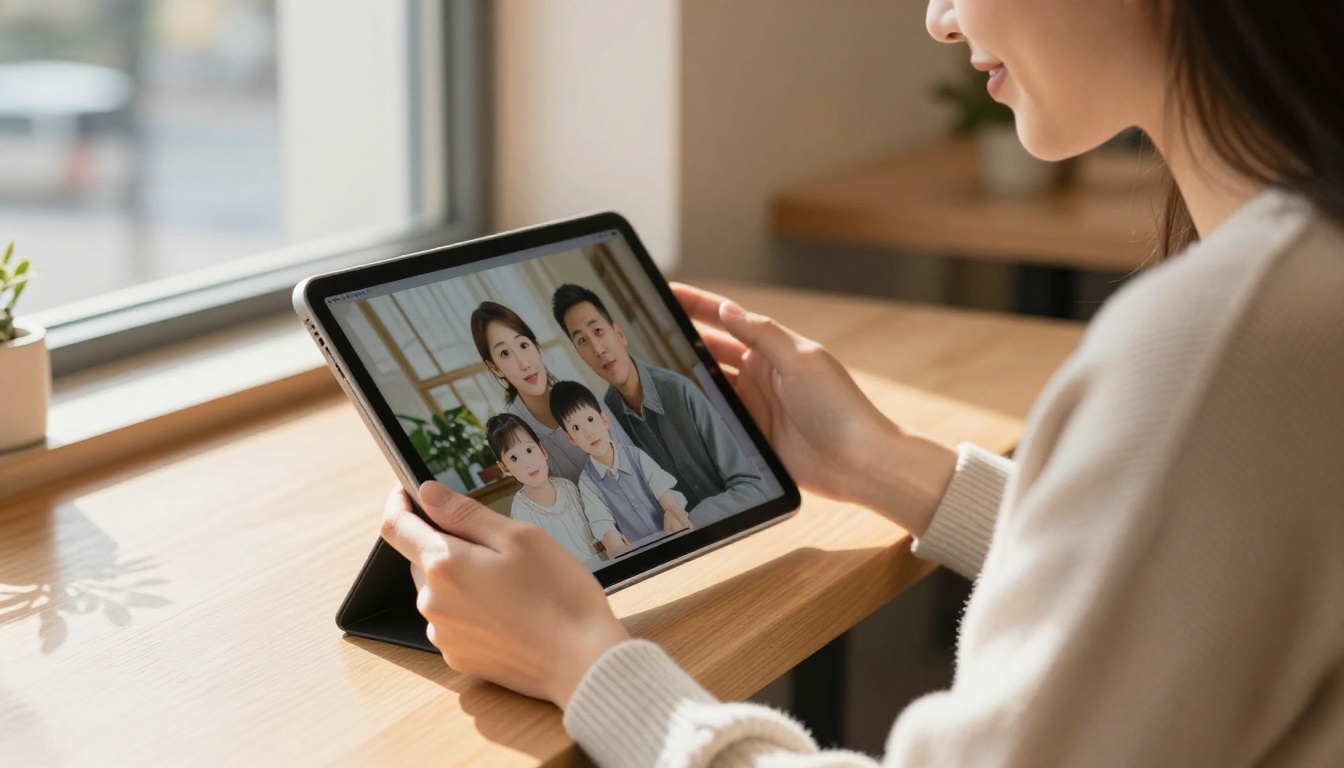 Woman in café animating family photos on tablet