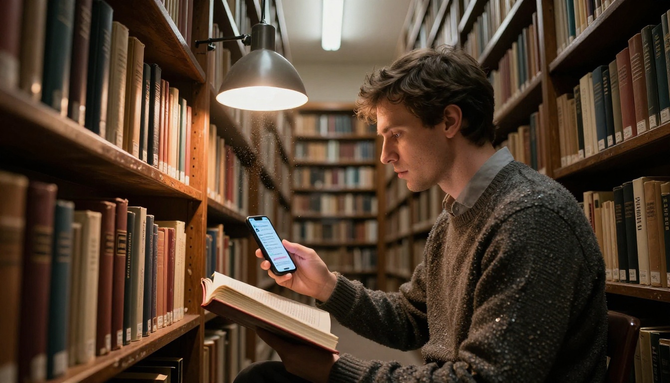 Man in library looking at phone showing AI chat results