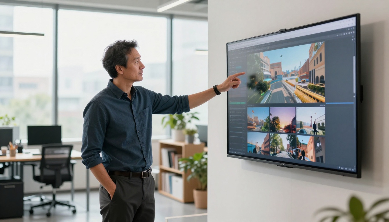 Creative director presenting video reel on office monitor