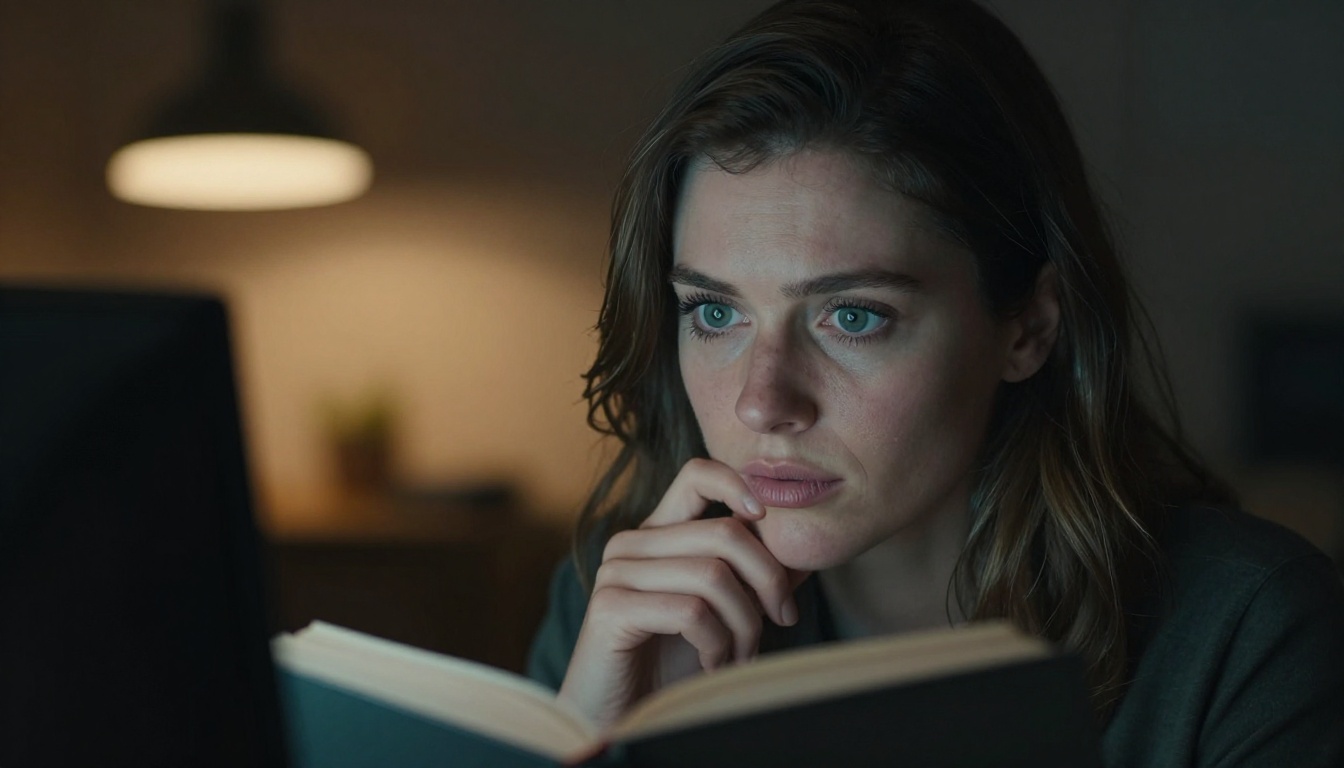 Woman at night desk with monitor light illuminating her face thoughtfully