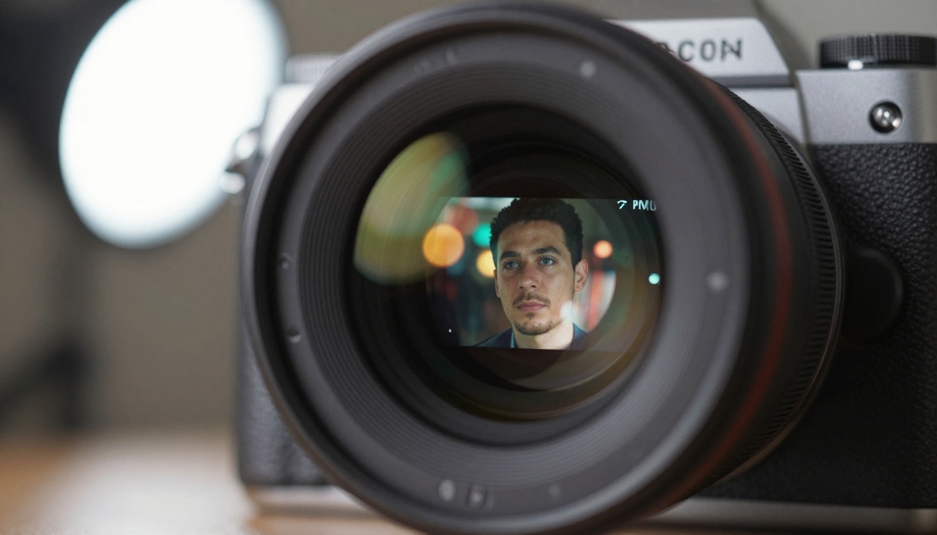 Camera viewfinder with portrait reflected and animated video in background
