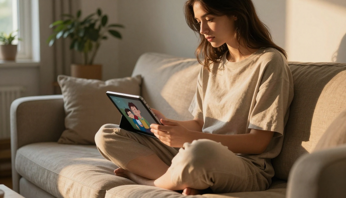 Young woman reviewing animated family videos on tablet at home