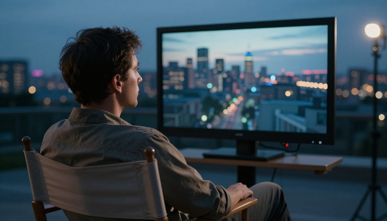 A film director reviewing cinematic footage on an external monitor outdoors at dusk, city skyline visible, blue hour light, 135mm telephoto compression A film director reviewing cinematic footage on an external monitor outdoors at dusk, city skyline visible, blue hour light, 135mm telephoto compression