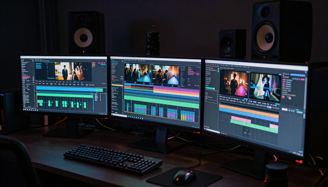 Professional video editing workstation with multiple ultrawide monitors showing color grading and AI motion analysis, dark room, monitor glow casting ambient light Professional video editing workstation with multiple ultrawide monitors showing color grading and AI motion analysis, dark room, monitor glow casting ambient light