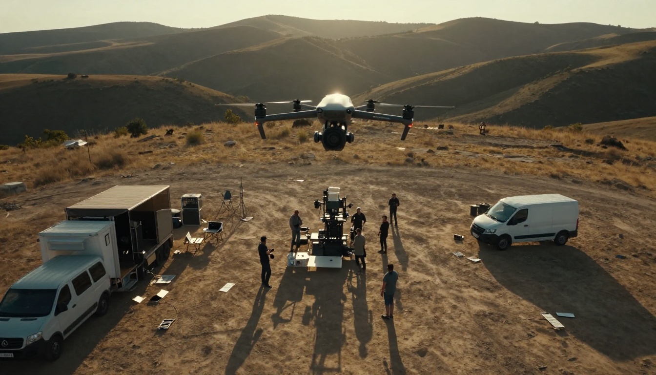 Aerial drone shot 200 meters above a film production location, crew as small figures around equipment, golden afternoon light, rolling hills, natural color palette Aerial drone shot 200 meters above a film production location, crew as small figures around equipment, golden afternoon light, rolling hills, natural color palette
