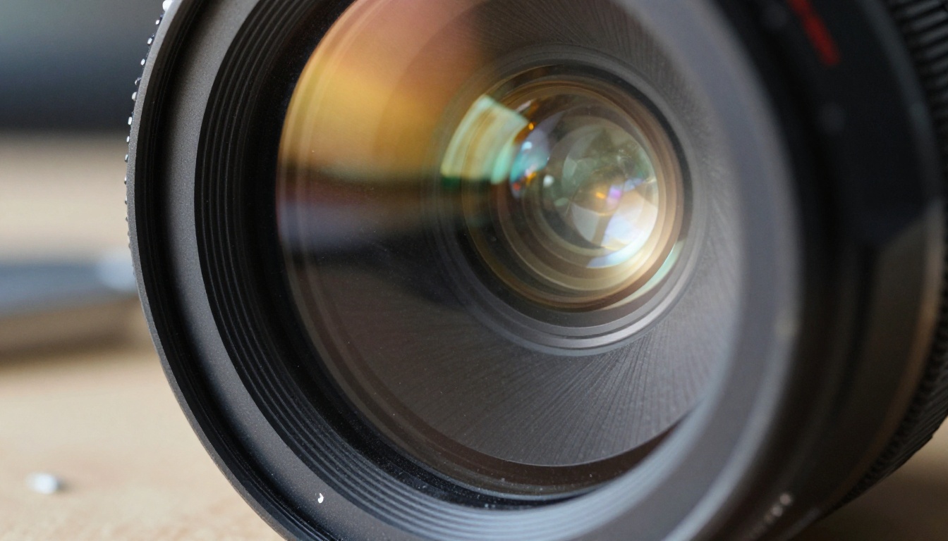 Extreme close-up of a cinema camera lens element with light refracting through glass, aperture blades visible, precision tools on workshop table, macro photography Extreme close-up of a cinema camera lens element with light refracting through glass, aperture blades visible, precision tools on workshop table, macro photography