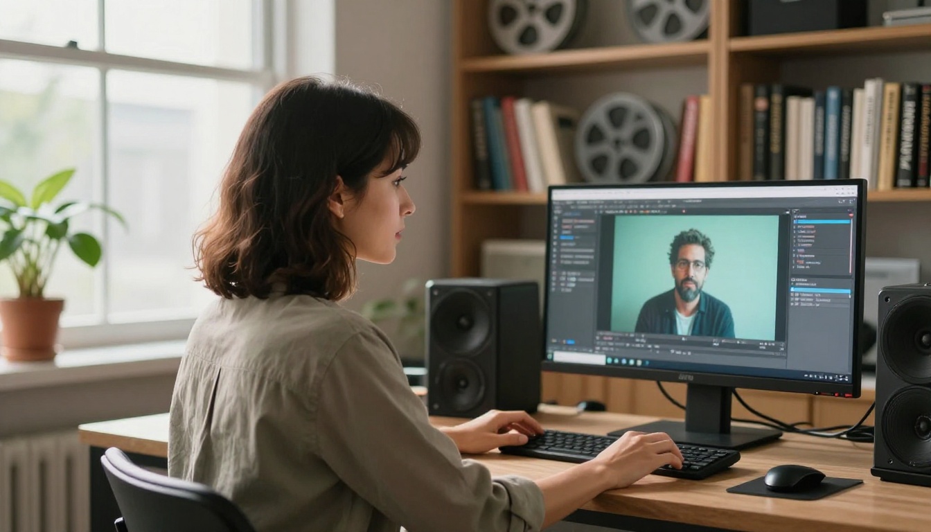 A woman reviewing AI-generated video sequences on a color-calibrated reference monitor in a modern post-production studio, natural window light from the left