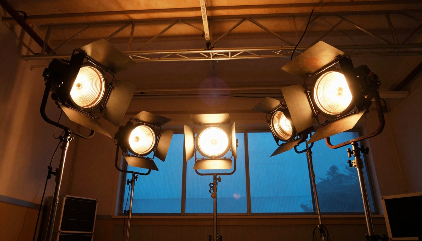 Dramatic low-angle shot looking up at a film production light rig with fresnel lights and diffusion panels, tungsten warmth mixing with cool exterior blue