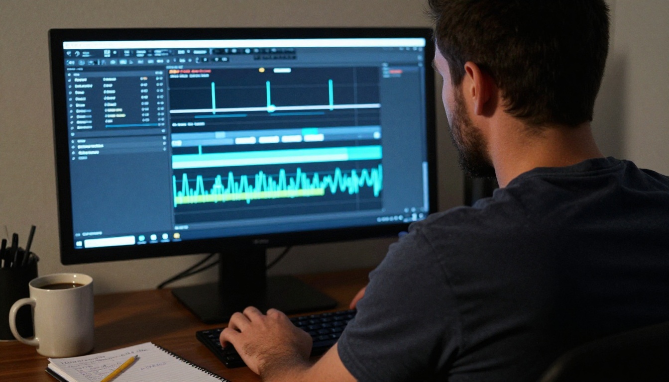 Over-the-shoulder perspective of a video editor working on a timeline with AI motion tracking markers, dark room, monitor as primary light source, coffee mug nearby
