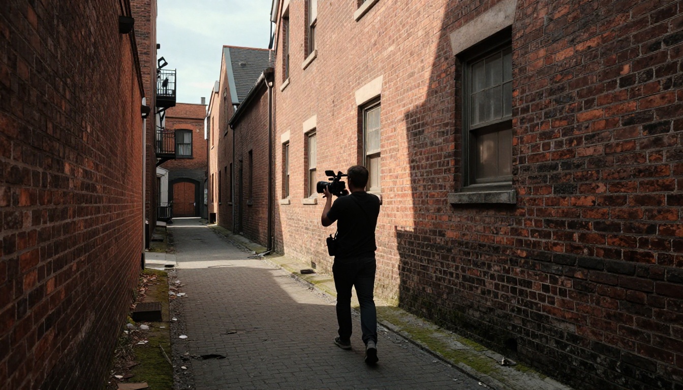 A location scout walking through a narrow urban alley holding a production camera to frame a potential shot, warm afternoon raking light on brick texture, authentic street detail