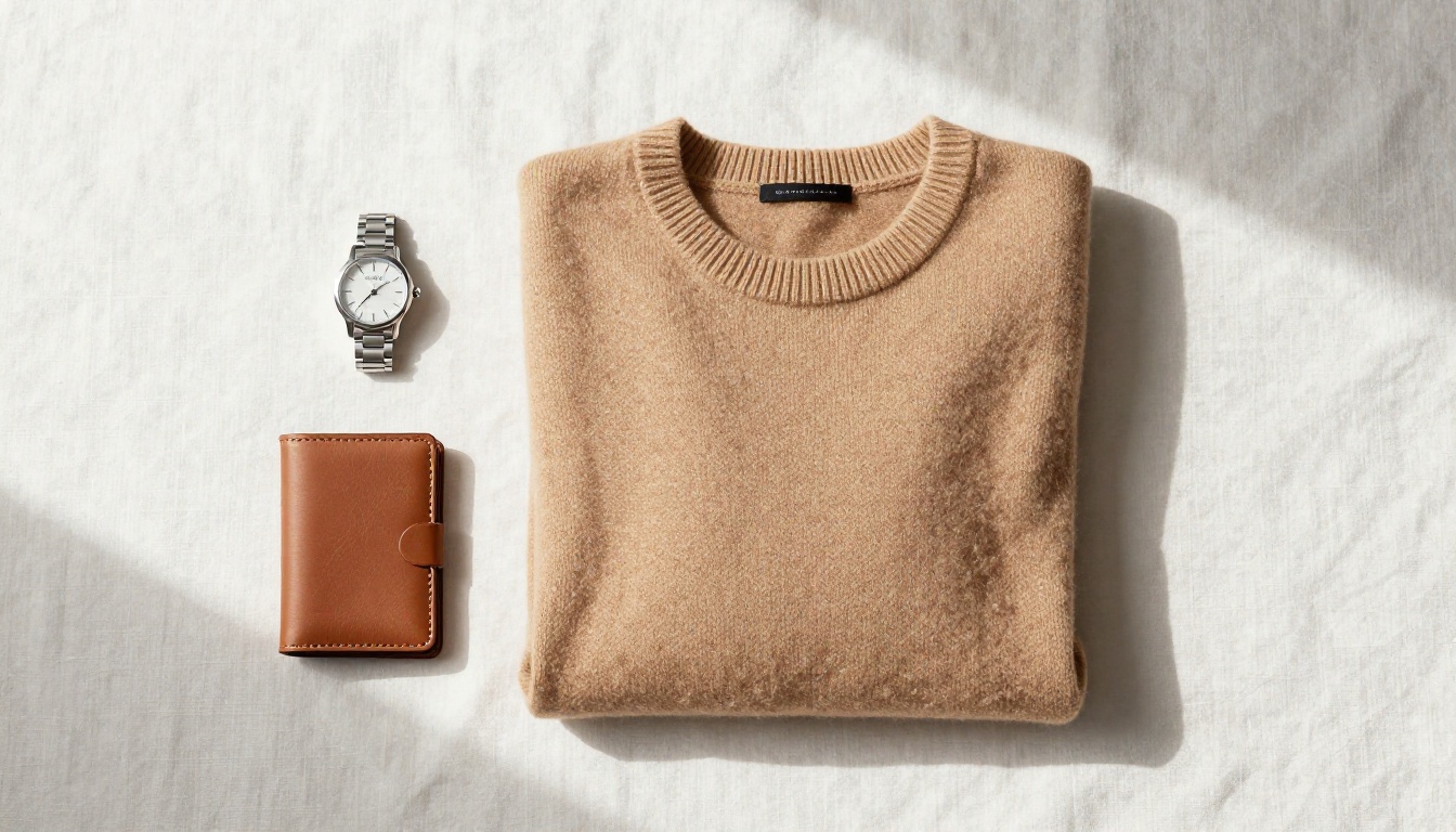 E-commerce fashion flat lay with premium cashmere sweater, leather wallet, and silver watch on white linen background