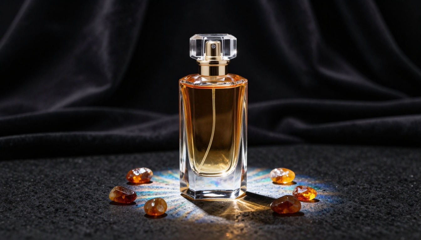 Artistic fragrance bottle with crystal facets creating prismatic rainbow light refractions on dark obsidian surface