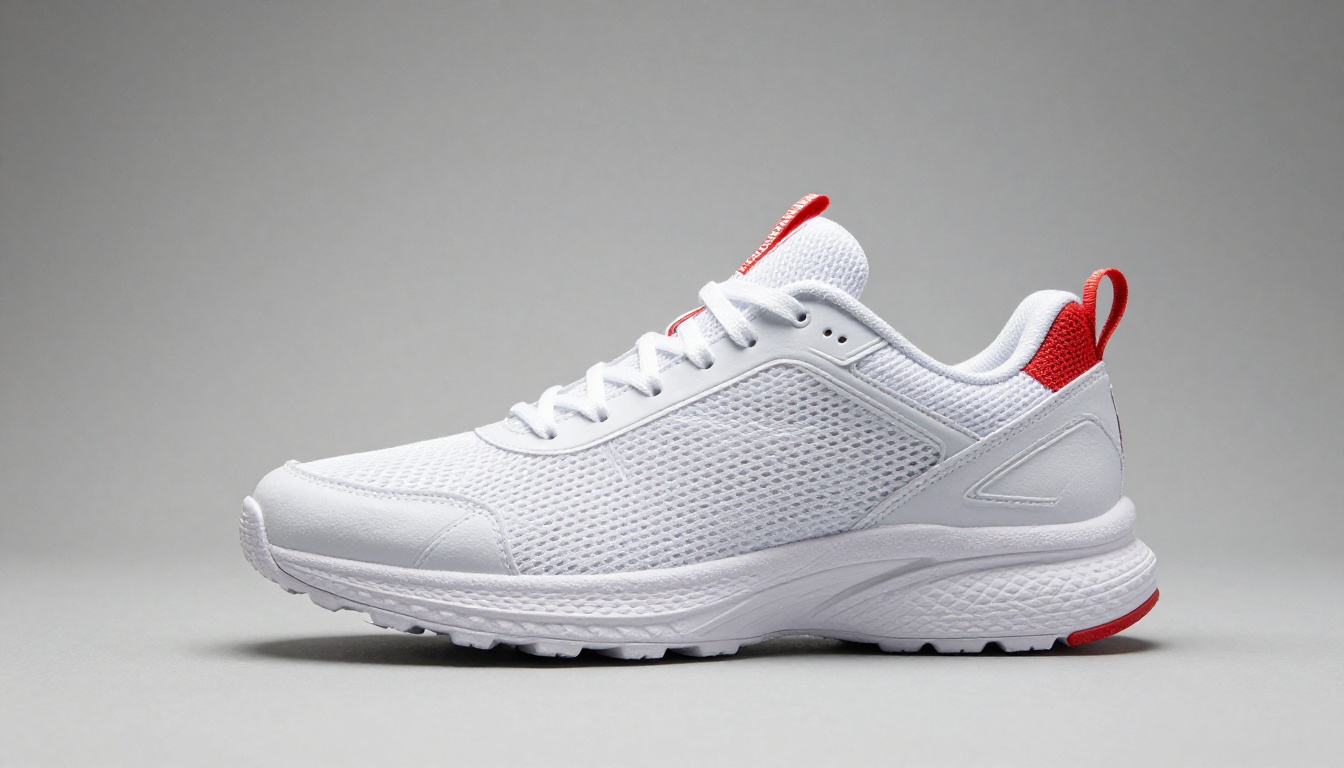 Premium white and red athletic running shoe suspended mid-air against white infinity curve backdrop with studio strobe lighting