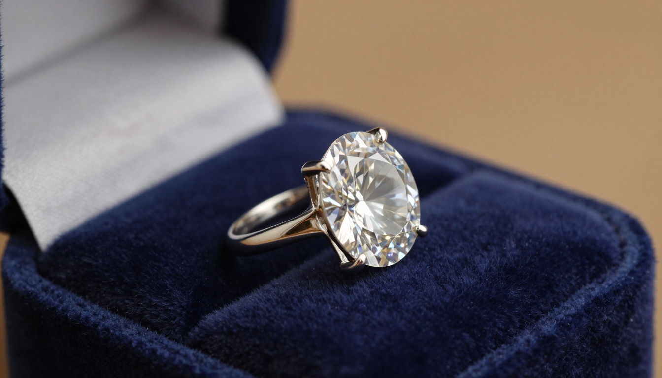 Luxury diamond and gold ring macro close-up in open navy velvet jewelry box with volumetric side lighting revealing internal stone fire
