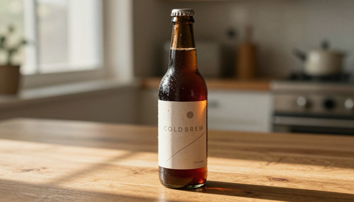 Artisan cold brew coffee bottle on warm oak surface with individual condensation droplets catching warm morning backlight Artisan cold brew coffee bottle on warm oak surface with individual condensation droplets catching warm morning backlight