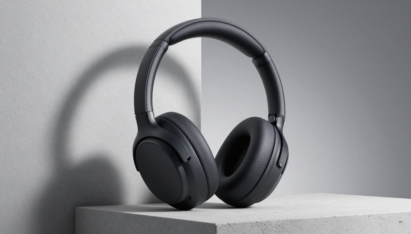 Wireless premium headphones on concrete plinth with Rembrandt lighting showing ear cushion perforation and headband stitching detail Wireless premium headphones on concrete plinth with Rembrandt lighting showing ear cushion perforation and headband stitching detail