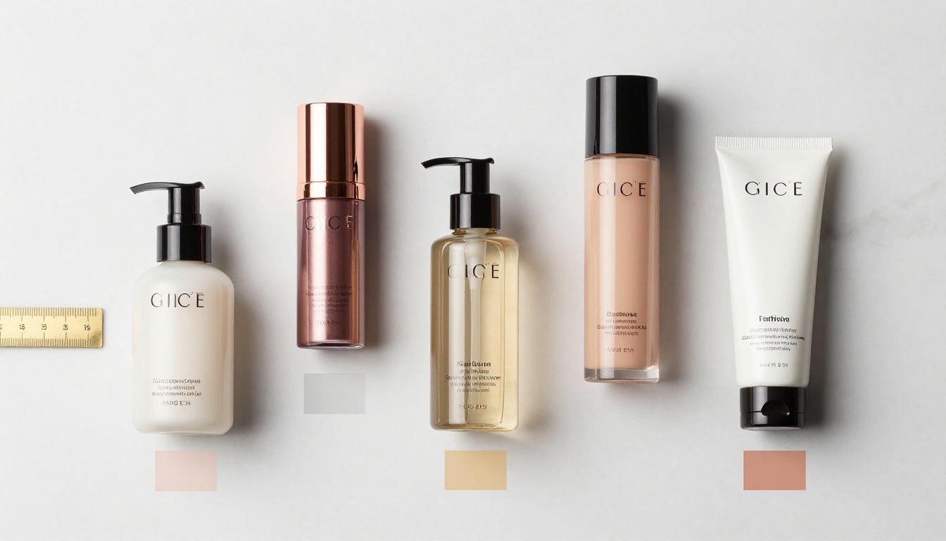 Five cosmetic product bottles and tubes arranged precisely on white marble with a brass ruler, shot aerial for comparison photography Five cosmetic product bottles and tubes arranged precisely on white marble with a brass ruler, shot aerial for comparison photography