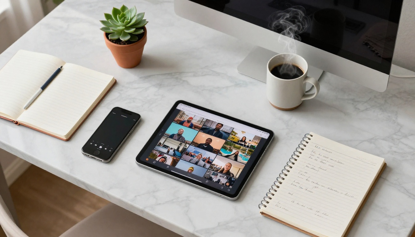 Aerial view of creator workspace with multiple devices