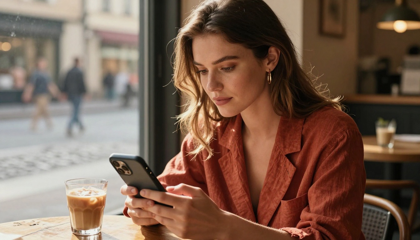 Influencer at café reviewing content on phone
