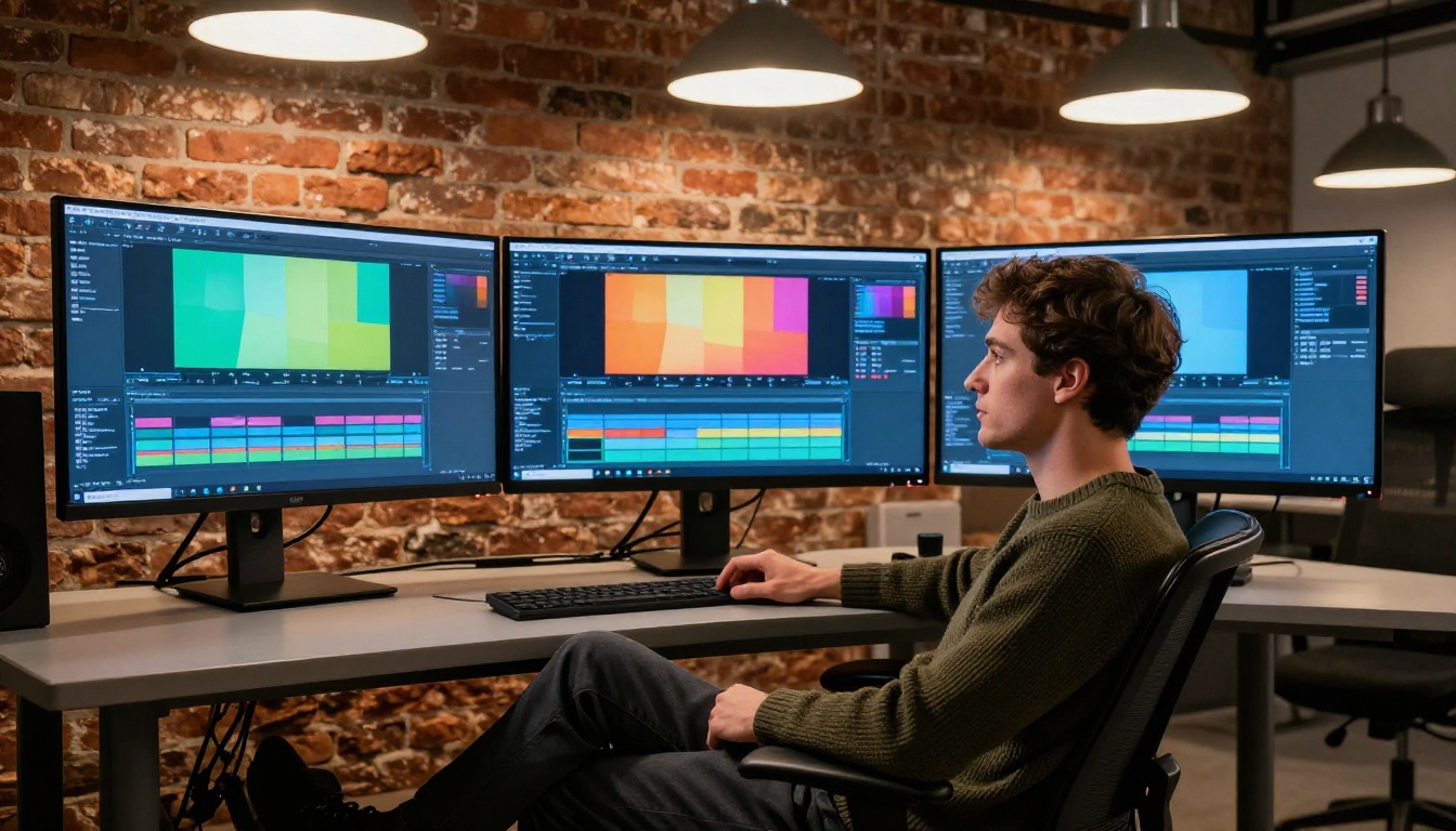 Creative studio with monitors showing video content