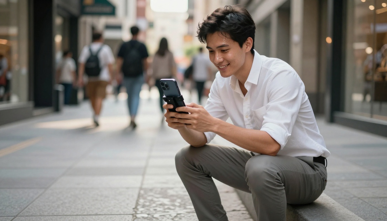 Young man filming with smartphone gimbal on city street