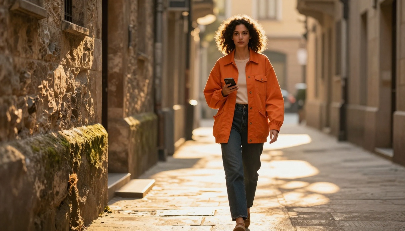 Woman walking through golden-lit alley with phone