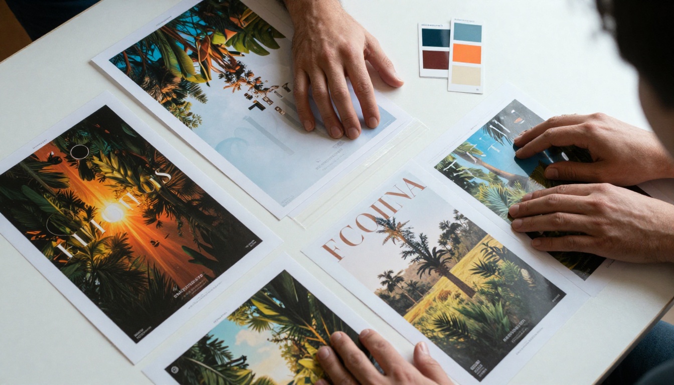 Designer hands arranging printed poster mockups on a lightbox table