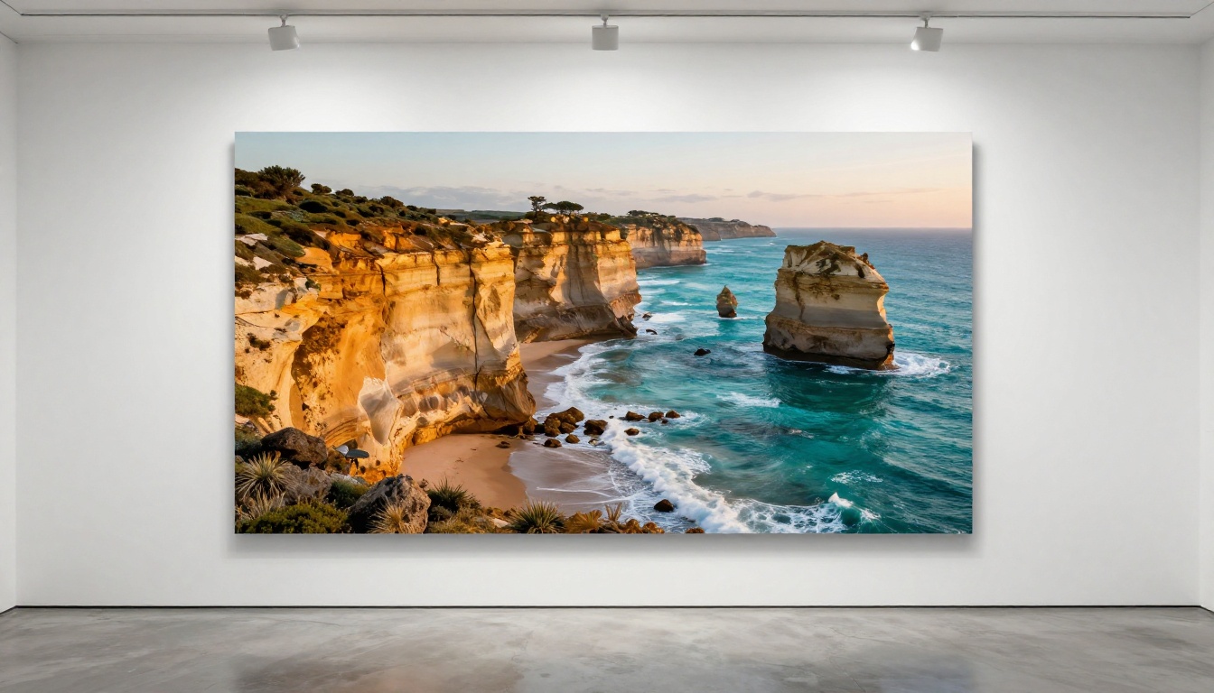 Large format travel poster mounted on white gallery wall showing coastal cliffs