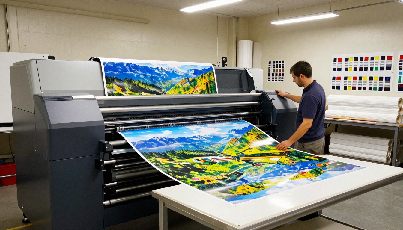 Wide format print shop interior producing large poster prints