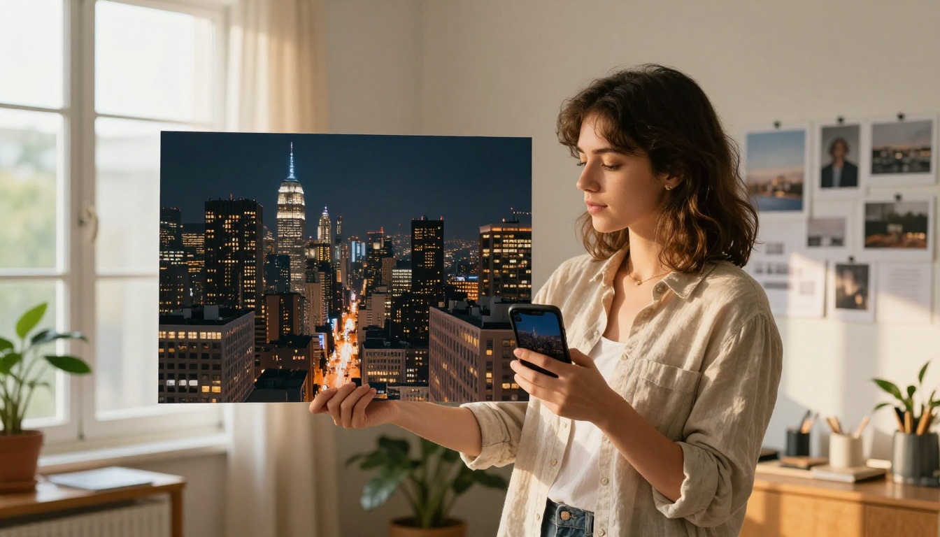 Designer holding a large AI-generated printed poster comparing with digital version on phone