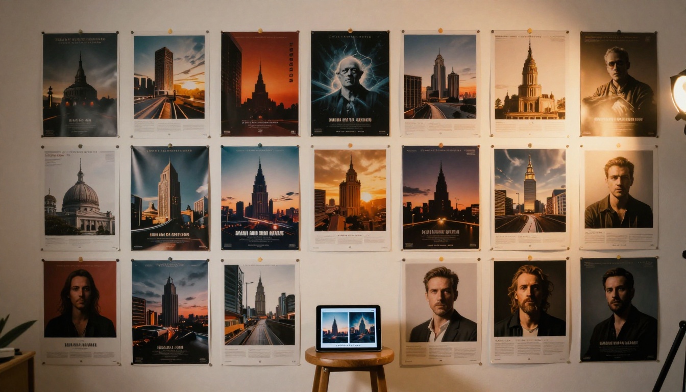 Studio wall covered in pinned AI-generated poster prints showing diverse styles Studio wall covered in pinned AI-generated poster prints showing diverse styles