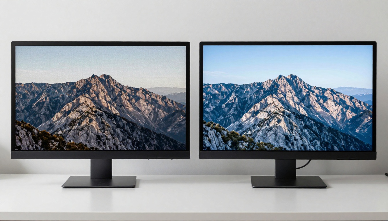 Two monitors side by side showing before and after AI upscaling comparison for poster image Two monitors side by side showing before and after AI upscaling comparison for poster image