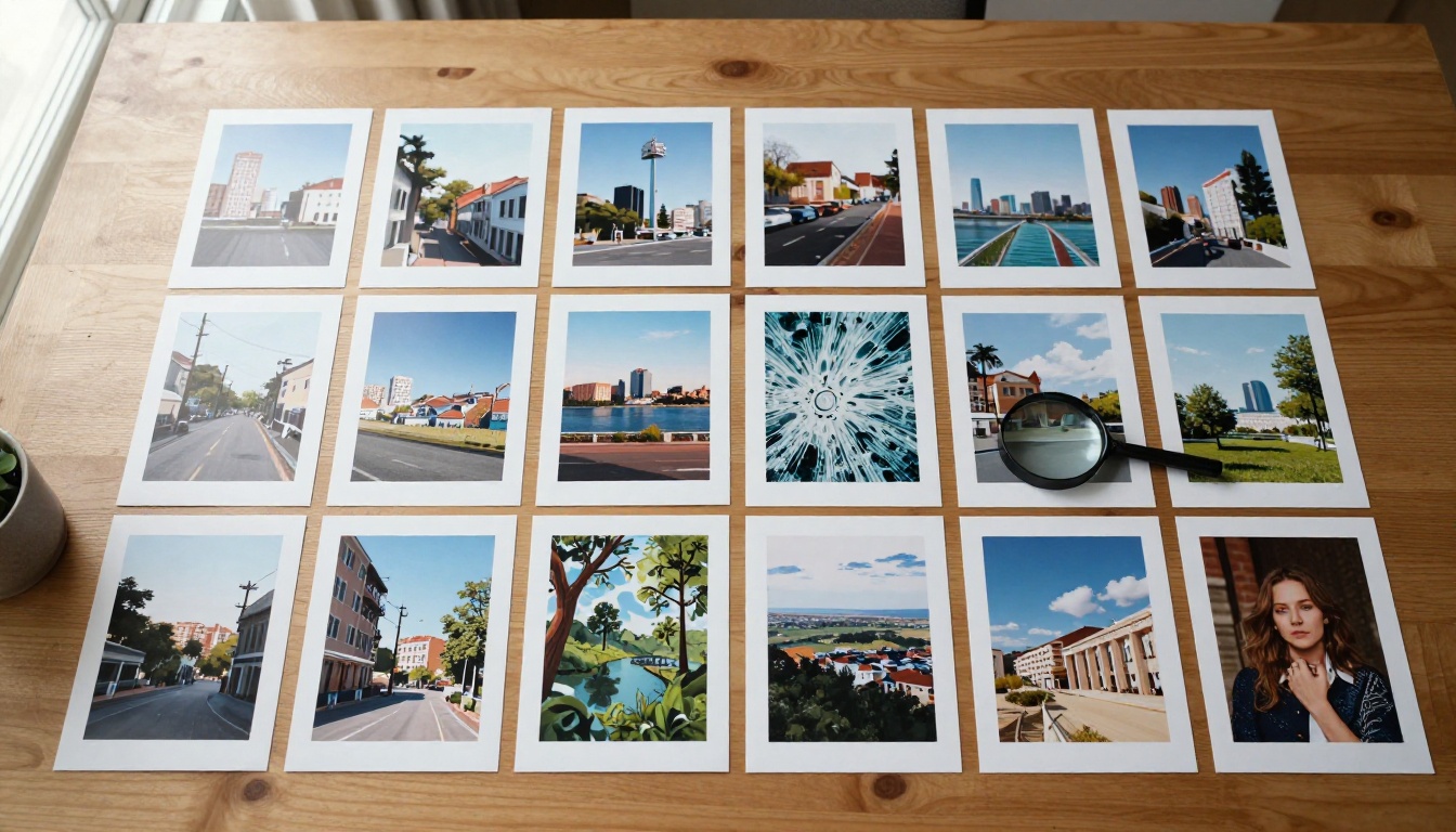 Flat lay of printed poster thumbnail grid on wooden table with magnifying glass detail Flat lay of printed poster thumbnail grid on wooden table with magnifying glass detail