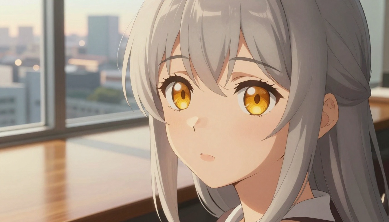 Close-up portrait with expressive anime-inspired amber eyes and silver hair