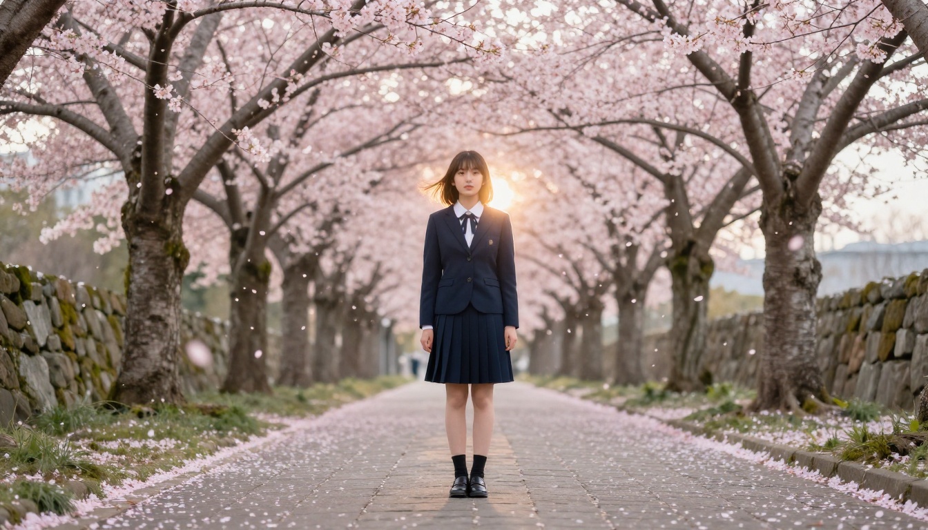 Young woman in a school uniform standing in a cherry blossom pathway at spring