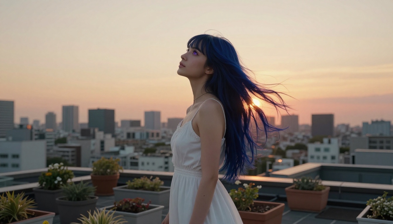 Young woman with dark blue hair on a rooftop garden at sunset with city skyline below