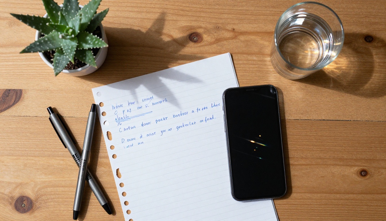 Editorial flat-lay desk with notes and writing tools Editorial flat-lay desk with notes and writing tools