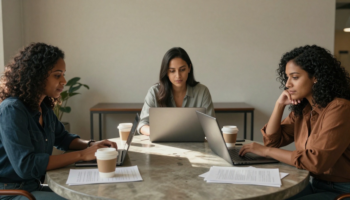 Diverse writing team collaborating at a concrete table Diverse writing team collaborating at a concrete table