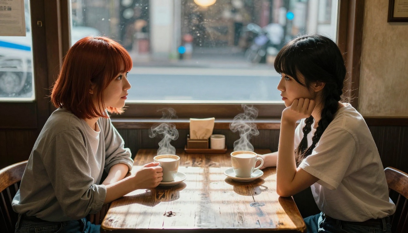 Two young women with anime-proportioned features sitting at a cozy Tokyo café table