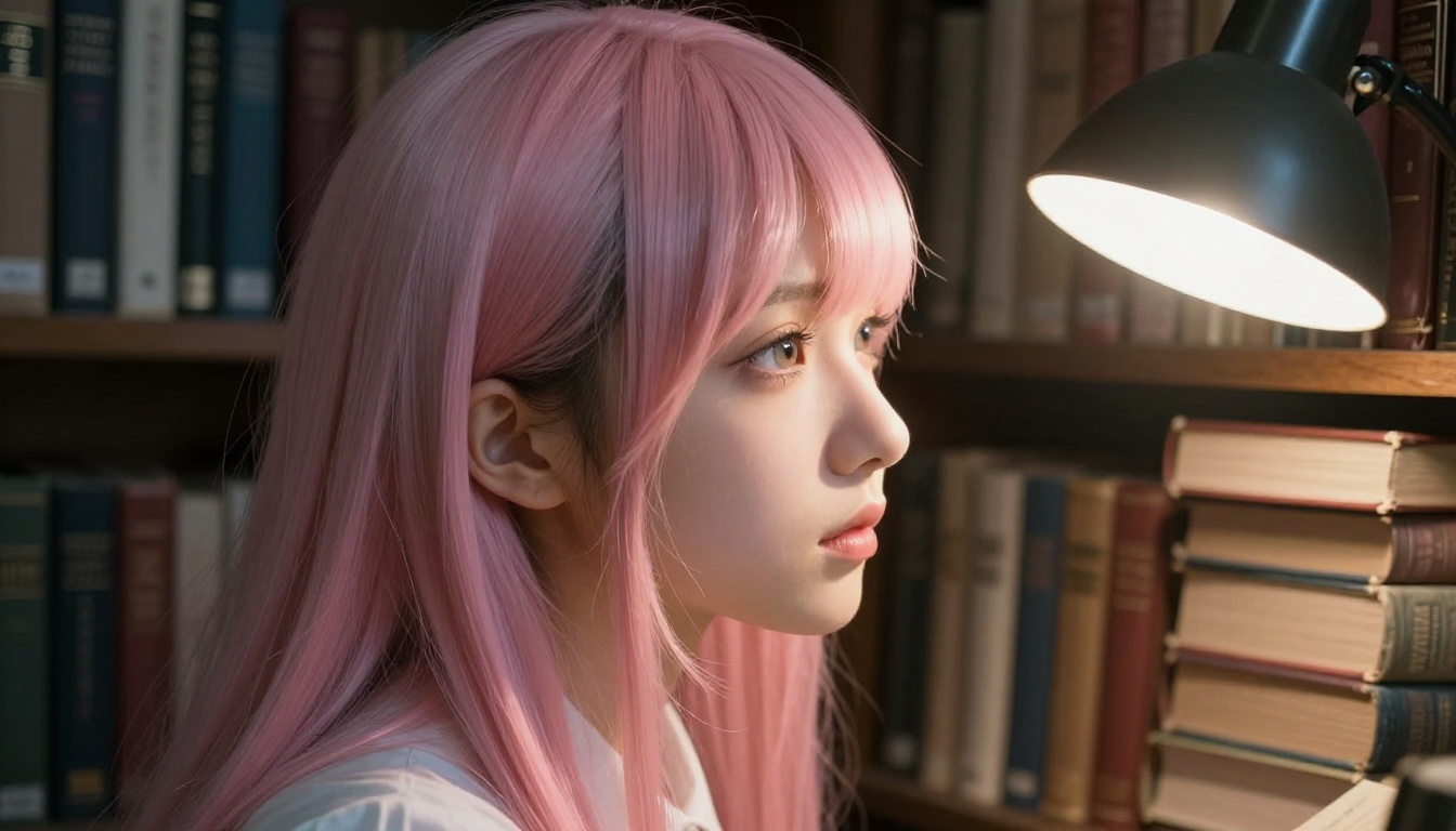 Young woman with pale pink hair reading in a library under a warm tungsten lamp