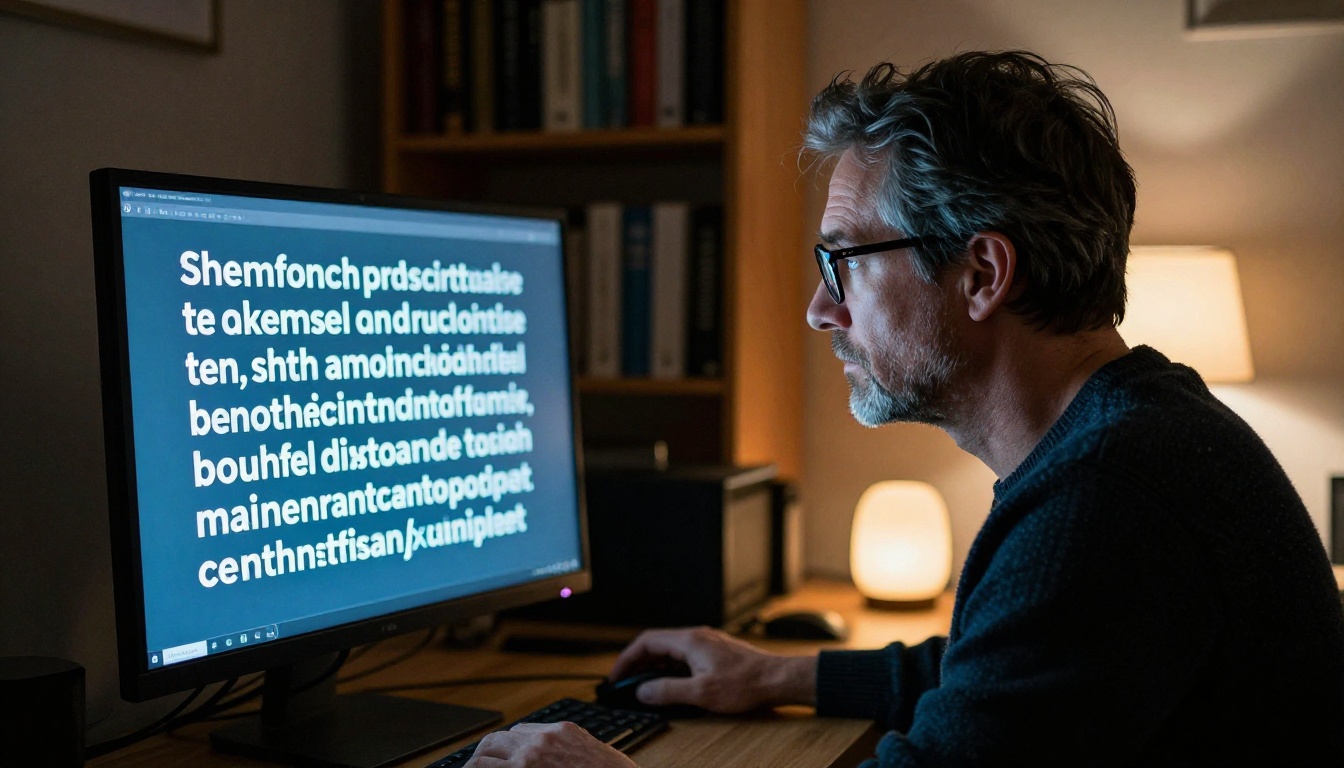 Man reading content on a large monitor in a dim home office