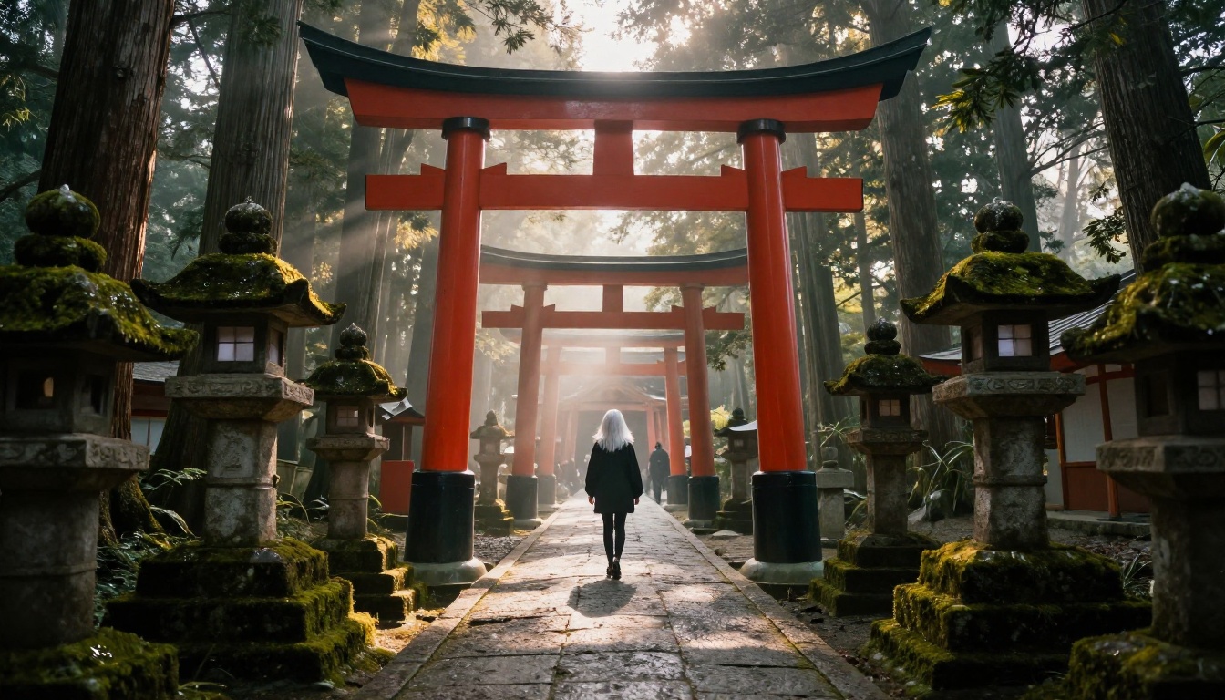 Young woman with waist-length white hair walking through a misty Japanese shrine pathway