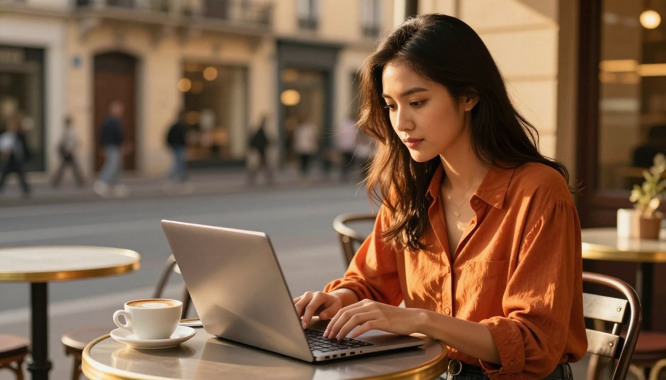 Woman writing at an outdoor cafe at golden hour