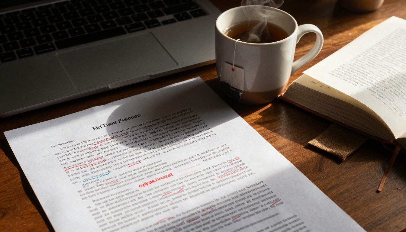 Desk with printed draft covered in red pen edits