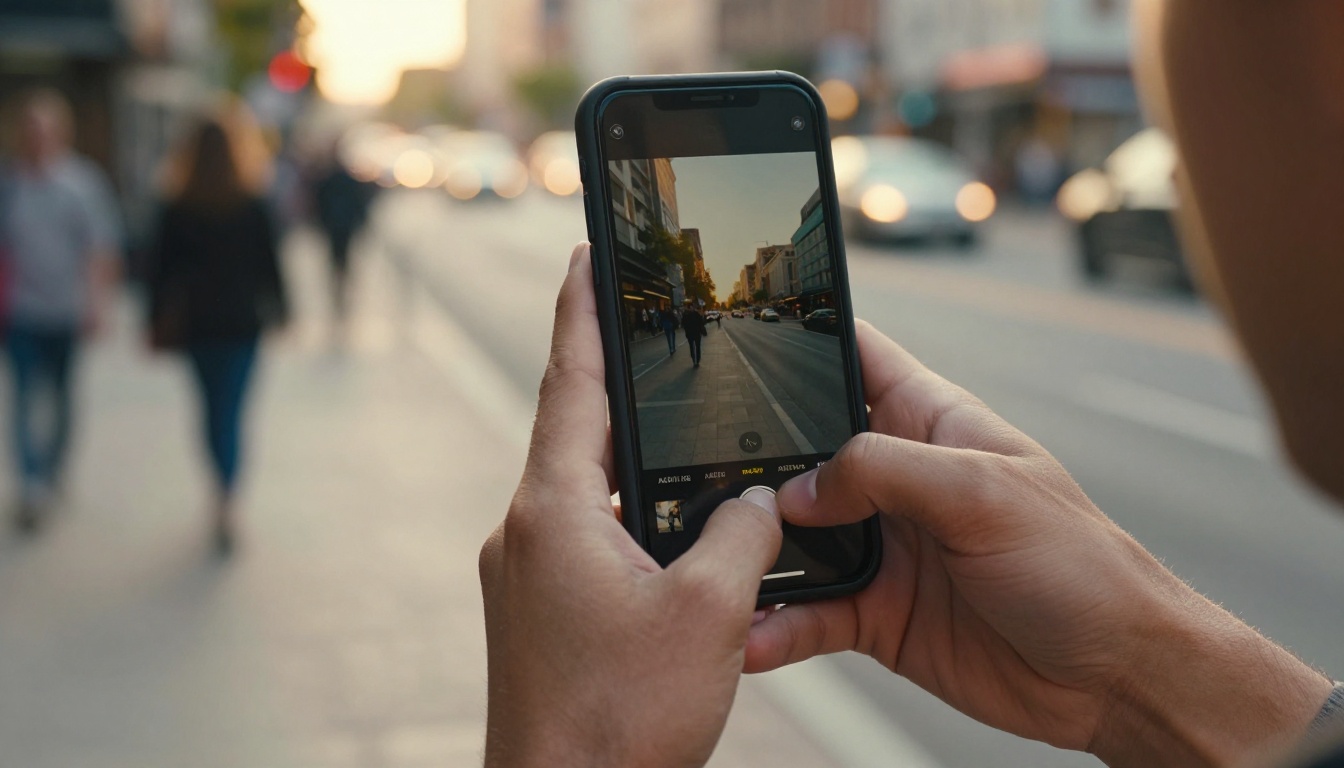 Person filming vertical video on smartphone outdoors